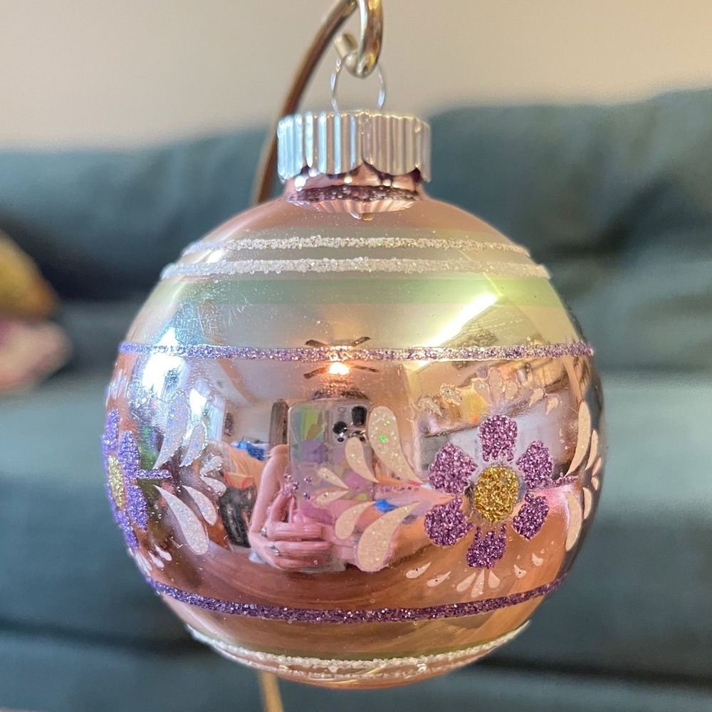 Radko Shiny Brite Glitter Stripe‎ Ornament ball fantasia purple green flower